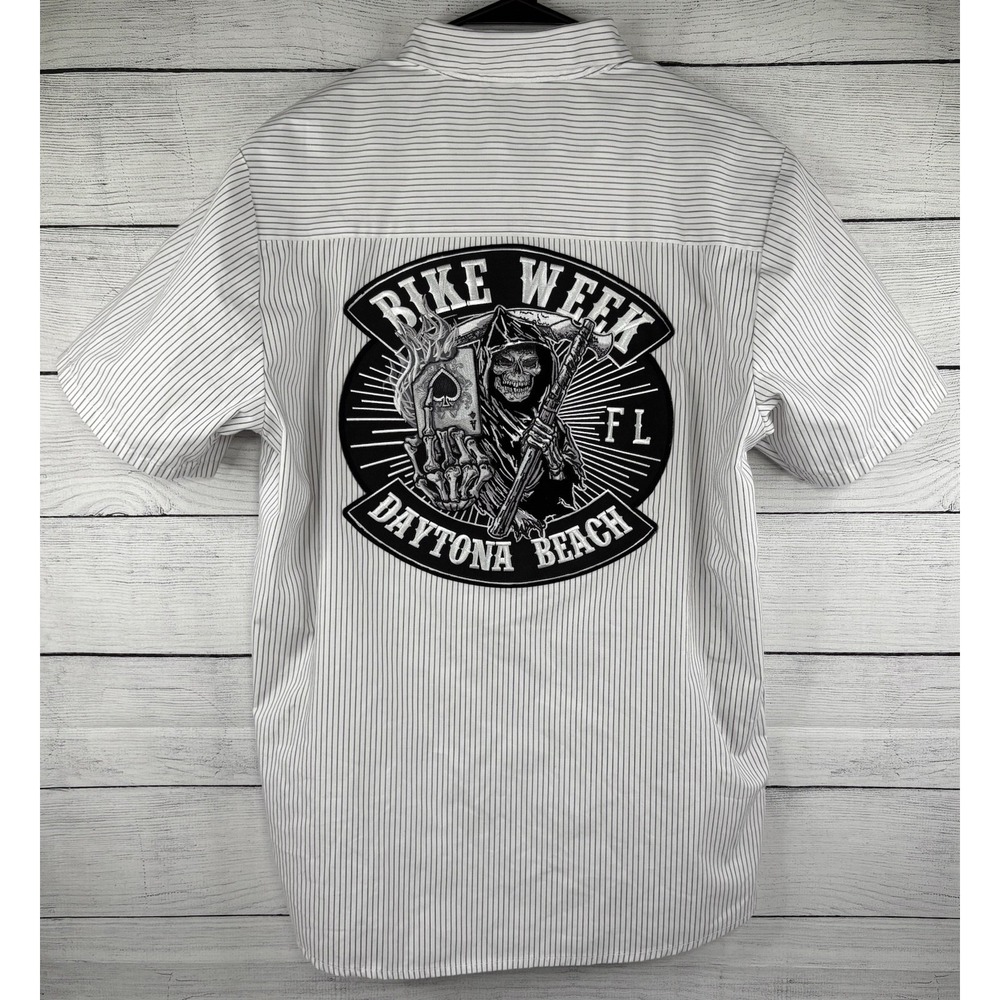 Daytona Beach Motorcycle Patch Bike Week‎ Black/Whit Short Sleeve Button Up L